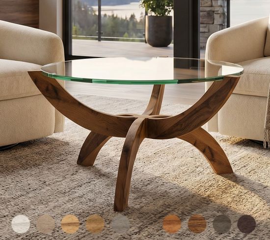 Stylischer maßgefertigter Beistelltisch Ronda aus Massivholz und Glas