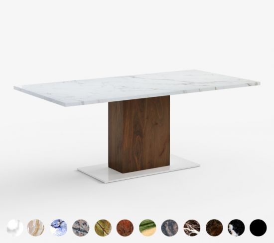 Esstisch Basel mit Natursteinplatte, Säule aus Massivholz und Bodenplatte aus Metall - nach Maß gefertigt