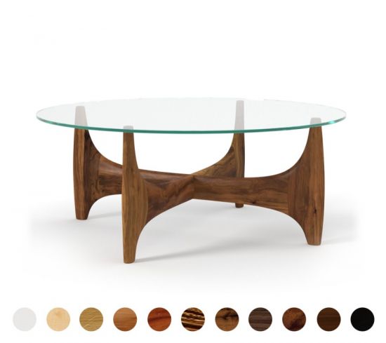 Runder Couchtisch mit Glasplatte und Massivholz Gestell Belfast 