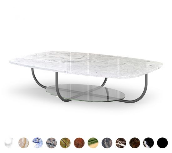 Sofatisch Bilbao mit Steinplatte und Ablage aus Glas