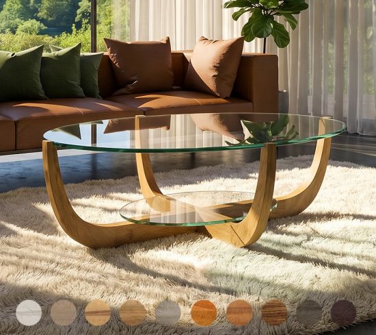 Runder Couchtisch Porto M5 mit Glasplatte und einem Untergestell aus Massivholz 