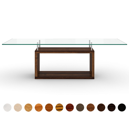 Moderner Mittelfuß Couchtisch aus Massivholz mit Glasplatte Modell Rust bestellbar auf Maß