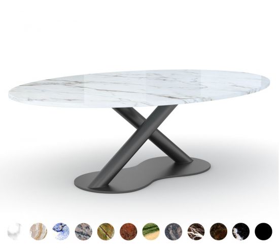 Sofatisch Innsbruck mit Steinplatte calacatta-brazil und schwarzlackiertem Edelstahlfuss