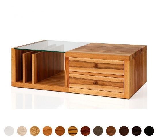 Sofatisch mit Schiebefach und Zeitungsablagen in Massivholz