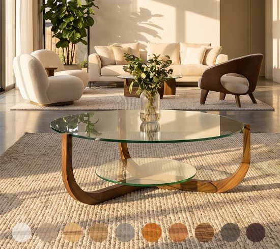 Runder Couchtisch Porto mit Glasplatte und einem Untergestell aus Massivholz 