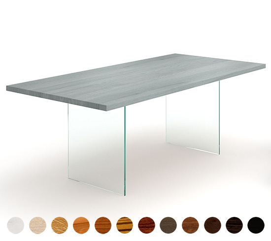 Moderner Massivholz Designtisch aus Eiche mit Glaswangen 