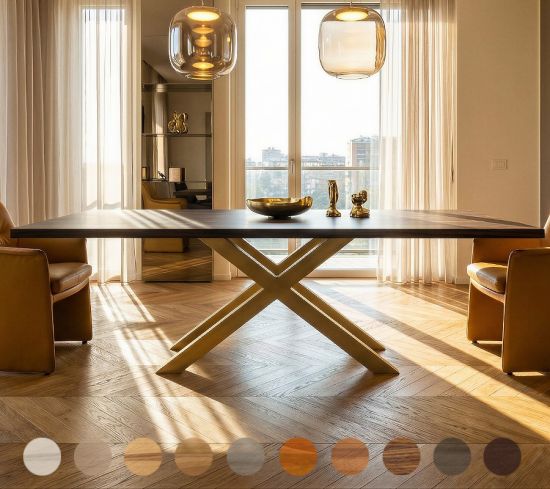 Klassischer Esstisch Homel mit Massivholzplatte und Gestell aus Metall nach Maß gefertigt