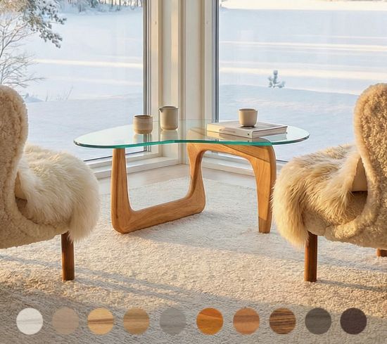 Luxus Couchtisch Niere mit Glasplatte und Massivholz Gestell Siena 