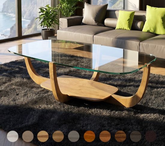 Runder Couchtisch Porto M2 mit Glasplatte und einem Untergestell aus Massivholz 