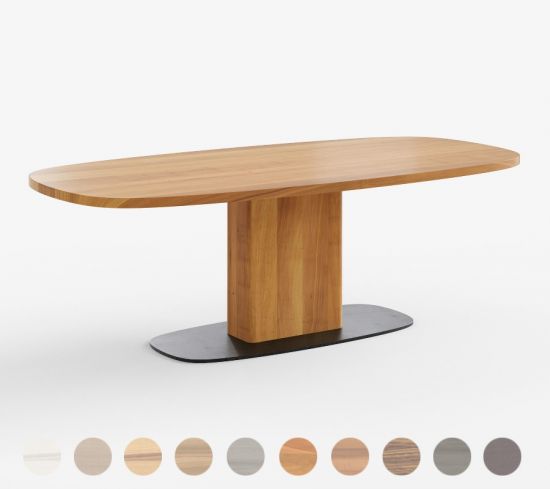 Designertisch aus massivem Holz mit Mittelfuß Gestell und Metall Bodenplatte