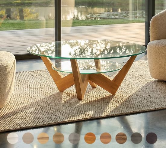 Maßgefertigter Couchtisch Paris aus Massivholz mit Glasplatte