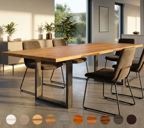 Massivholztisch aus Eiche und 4-Kant Metallkufen aus Stahl oder Edelstahl