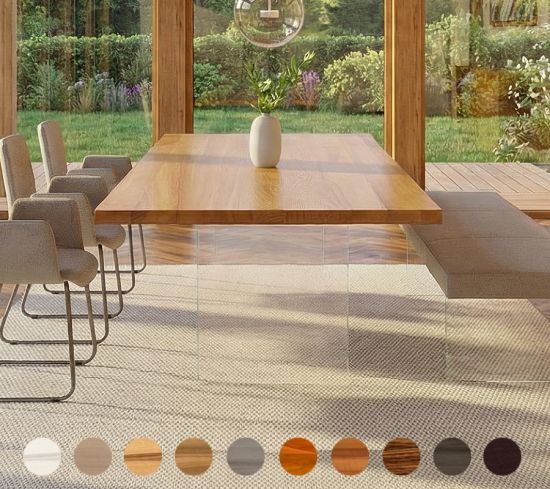 Moderner Massivholz Designtisch aus Eiche mit Glaswangen 