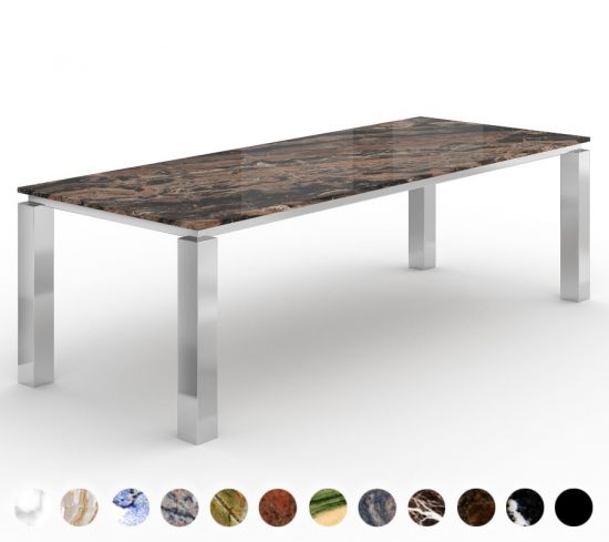 Moderner planbarer New York Naturstein Tisch, mit stylischen Gestell aus Metall in verschiedenen Farben