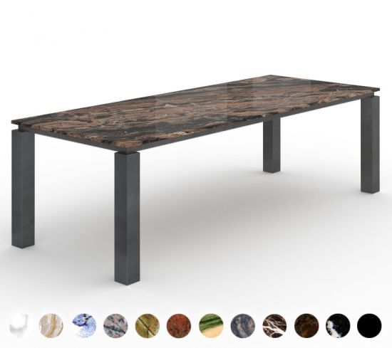 Moderner planbarer New York Naturstein Tisch, mit stylischen Gestell aus Metall in verschiedenen Farben