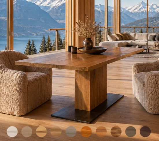Designertisch aus massivem Holz mit Mittelfuß Gestell und Metall Bodenplatte