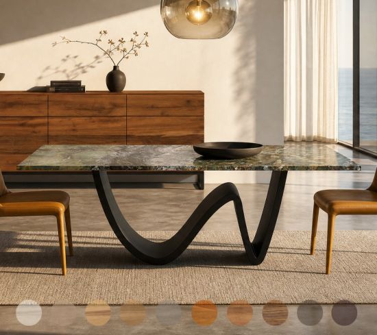 Tisch Welle mit Steinplatte und Stahlgestell individuell konfigurierbar