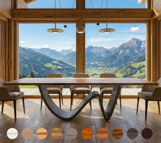 Design Esstisch nach Maß aus Buchenholz und mit Mittelgestell aus Edelstahl in Wellen-Form