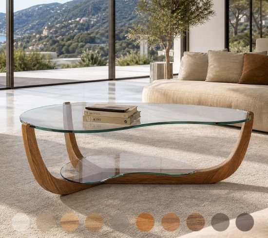 Runder Couchtisch Porto M6 mit Glasplatte und einem Untergestell aus Massivholz 