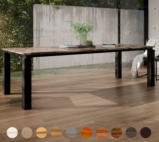 Moderner planbarer New York Naturstein Tisch, mit stylischen Gestell aus Metall in verschiedenen Farben