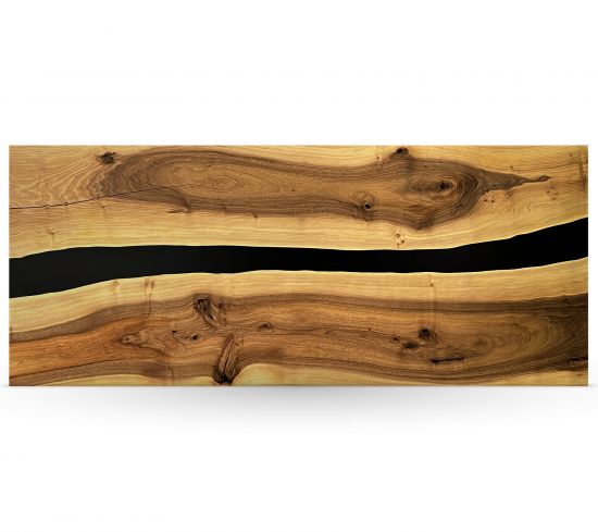 Massive Wildnuss Tischplatte mit Epoxidharz zur freien Konfiguration