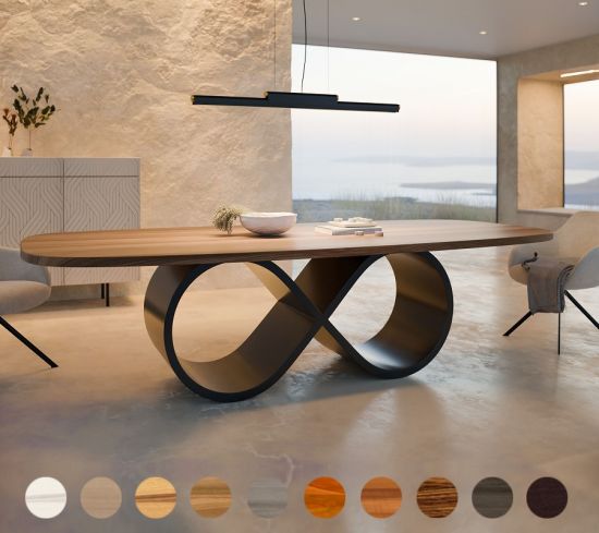 Moderner Säulentisch Infinity nach Maß aus Massivholz mit 4-Kant Stahl-Kreuz-Mittelgestell 