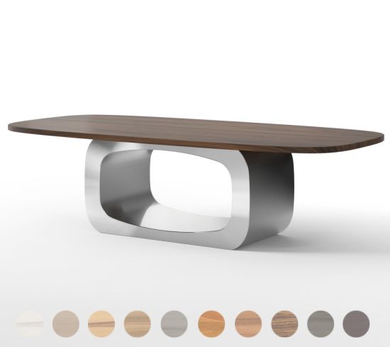 Design Esstisch nach Maß aus Holz und mit Mittelgestell aus Edelstahl in Wellen-Form