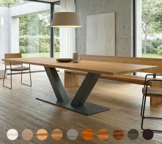 Massiver Holztisch Modell Stettin mit schräg gefertigtem Metall Tischgestell bestellbar nach Maß