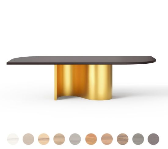 Design Esstisch nach Maß aus Holz und mit Mittelgestell aus Edelstahl in Wellen-Form