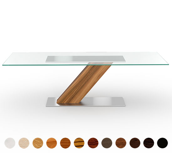 Individueller Glastisch in Z-Form aus massiven Holz, Glas und hochwertigen Stahl Gestell
