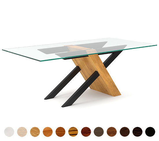 Esstisch Wiesbaden nach Maß, mit Gestell aus Massivholz und Metall, Tischplatte aus Glas