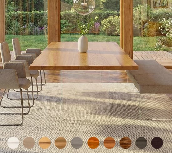 Exklusiver Esstisch mit massiver Tischplatte Holz und Glaswangen Miami 