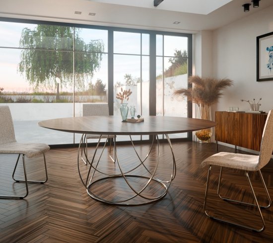 Designertisch rund/oval mit Holztischplatte massiv und Metallgestell Mainz 
